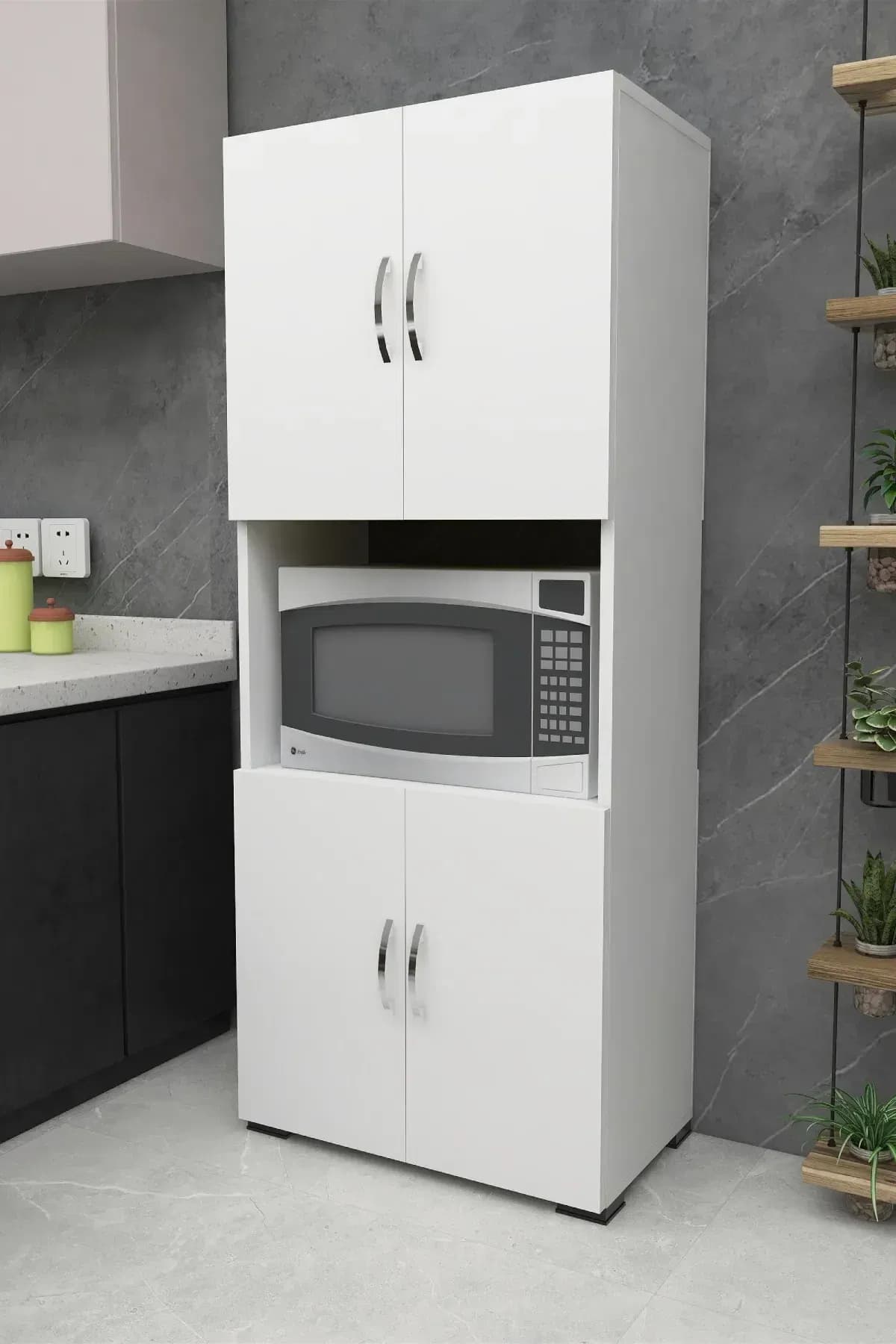 4 Kapaklı Orta Bölmeli 4 Kapılı Çok Amaçlı Mikrodalga Fırın Dolabı, Mini Fırın Mutfak Dolabı