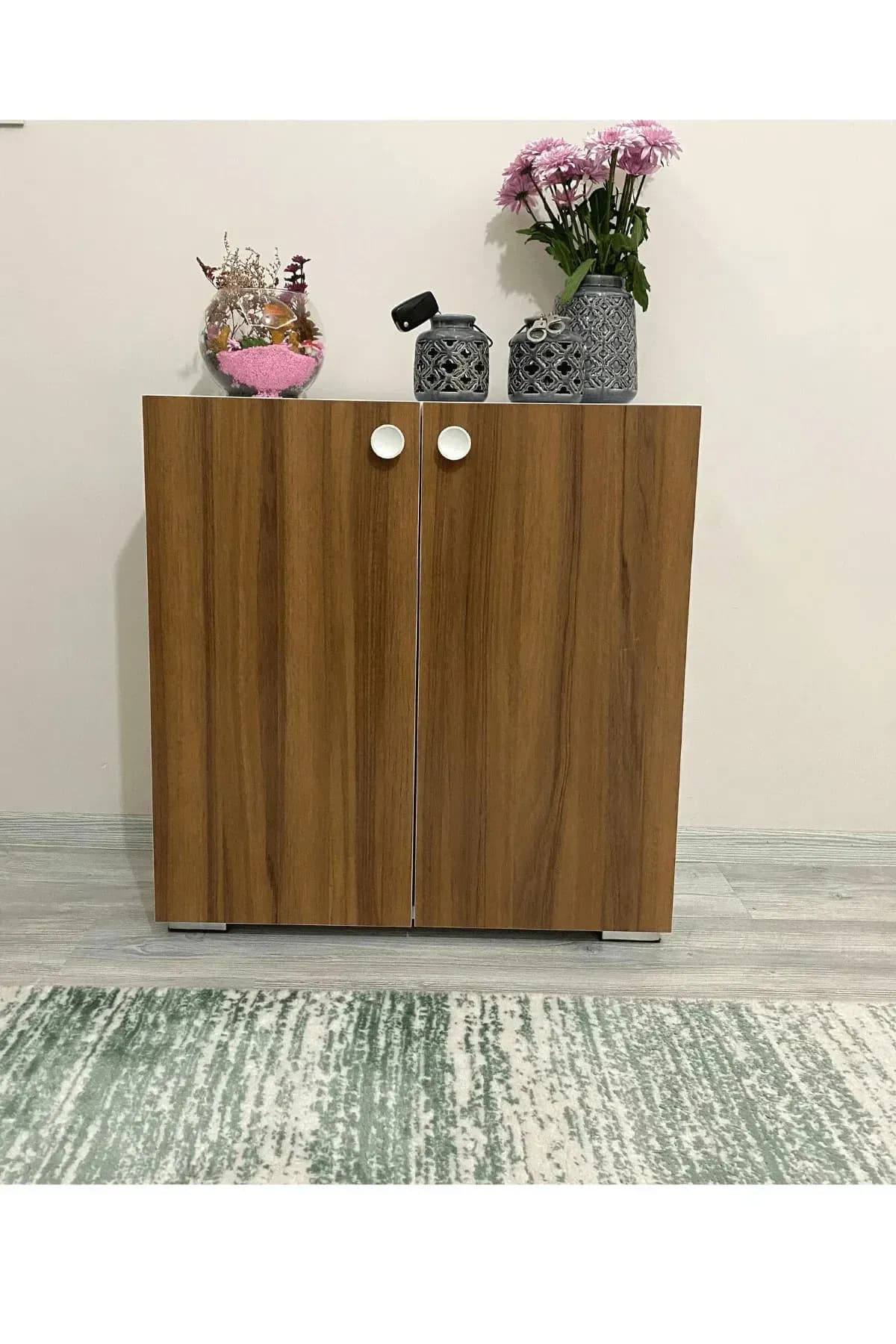 Ceviz Renkli Ayakkabılık Çok Amaçlı Dolap 2 Kapaklı 3 Raflı Mutfak Hol Banyo Balkon Ofis