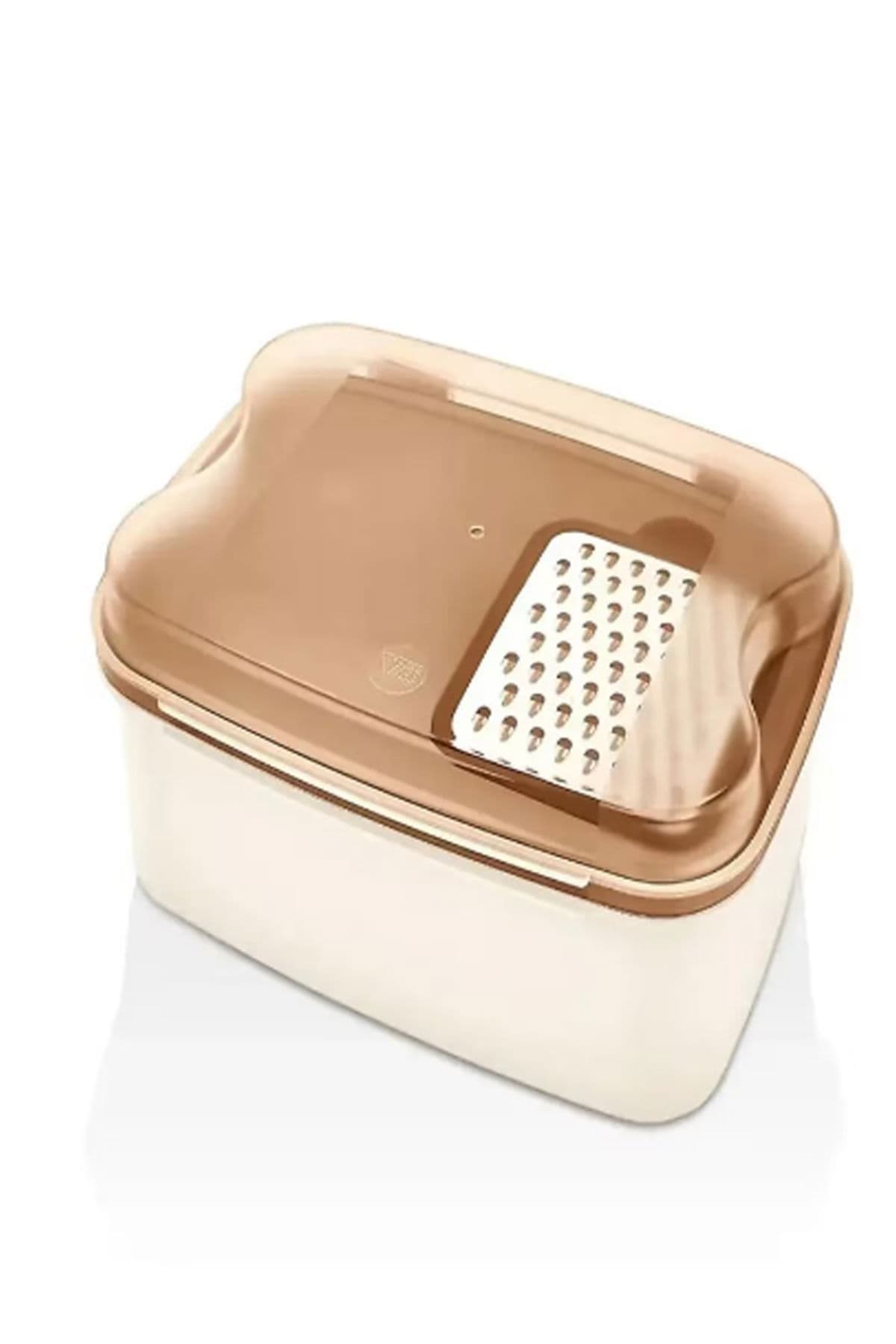 Rendeli Saklama Kabı - Masal Krem Kesme Tahtalı ve Rendeli Şeffaf Bakır Kapak Salata Kabı 4500ML