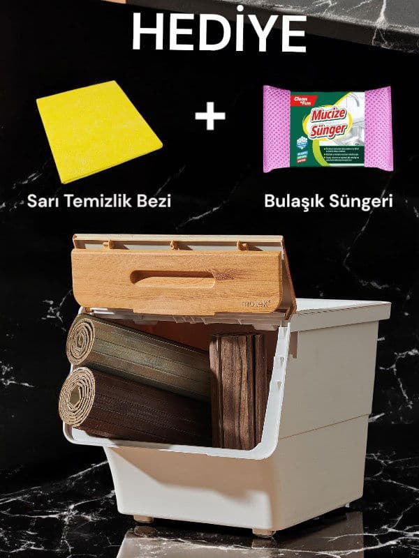 Technow Motek 12 Litre Bambu Desen Tekerlekli Tekli Organizer + Temizlik Seti