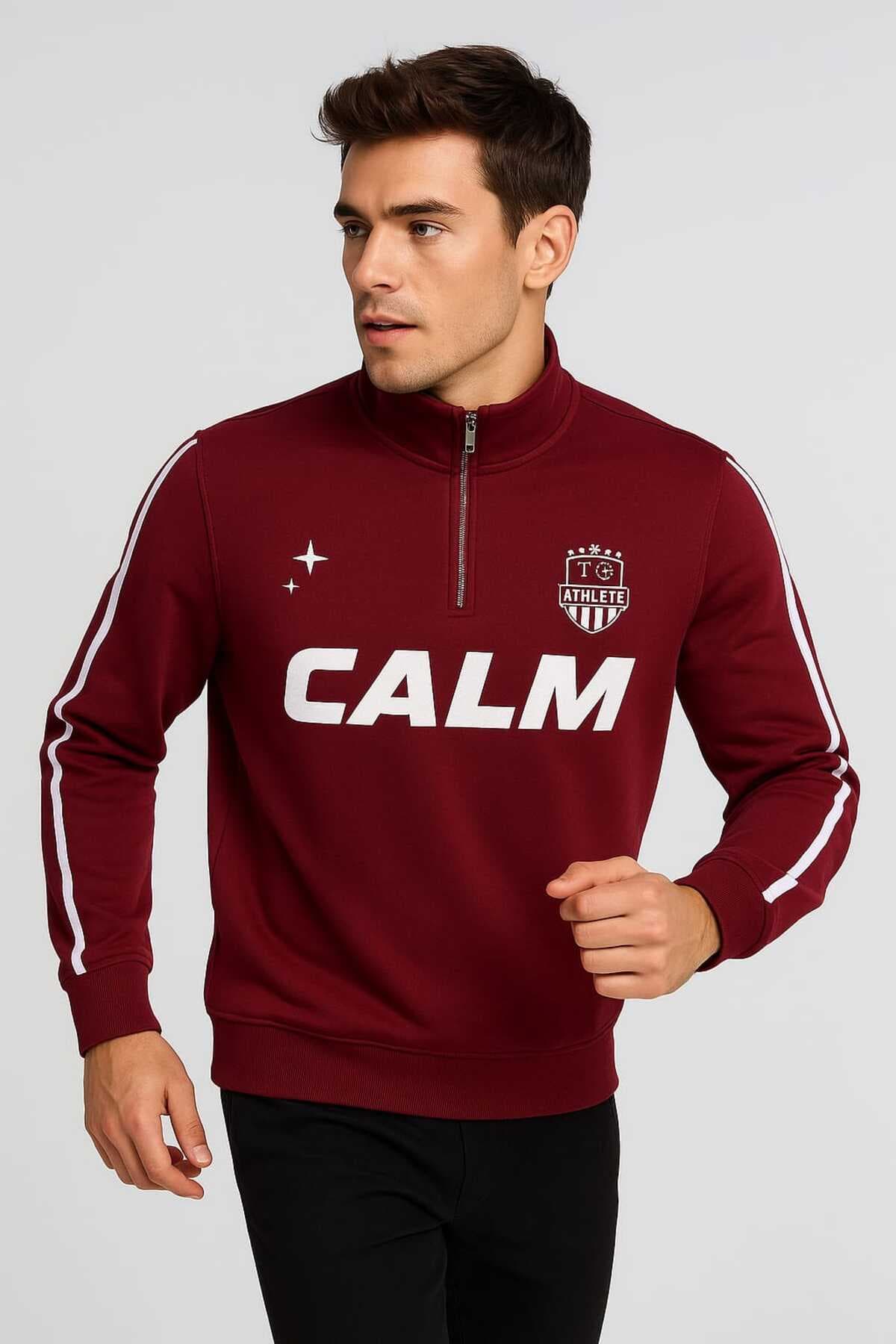 KIRMIZI YARIM FERMUARLI BASKILI DİK YAKA KIŞLIK ERKEK SWEAT