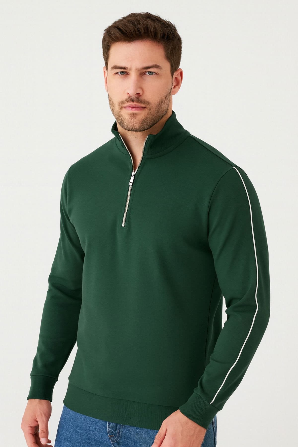 Regular Fit Yarım Fermuarlı Dik Yaka Basic Sweatshirt